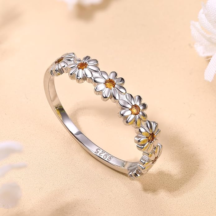 MILACOLATO 925 Sterling Silver Ring for Women, 18K Gold Plated Cubic Zirconia Daisy Flower Promise Rings for Her, Sunflower Stacking Statement Wedding Band Ring Size 5-11 (Anniversary/Valentine's/Mothers Day Jewelry Gifts)