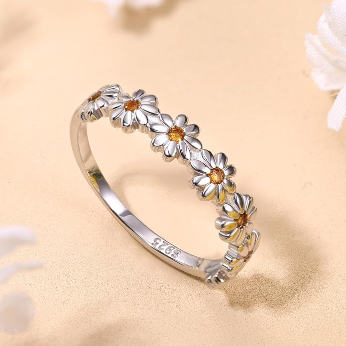 MILACOLATO 925 Sterling Silver Ring for Women, 18K Gold Plated Cubic Zirconia Daisy Flower Promise Rings for Her, Sunflower Stacking Statement Wedding Band Ring Size 5-11 (Anniversary/Valentine's/Mothers Day Jewelry Gifts)