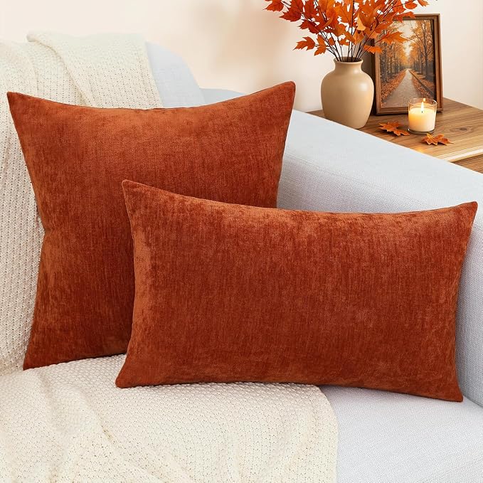 decorUhome Soft Chenille Rust Throw Pillow Covers 24X24 Set of 2 | Decorative Fall Couch Pillow Covers Solid Dyed Accent Modern Euro Sham Farmhouse Neutral Square Pillow Cases for Sofa