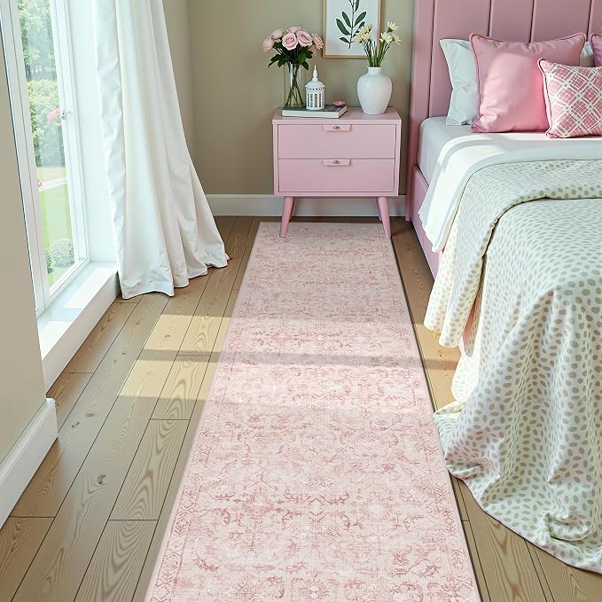 Pink 2x10 Runner Rug for Hallways Bed Side Kitchen, Boho Washable Distressed Low-Pile Floor Entryway Long Bathroom Mat, Non-Slip Laundry Room Washstand Front Carpet 24x120 Inch