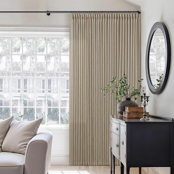 TWODRAPES Grey Beige Pinch Pleated Linen Curtains 92 Inches Long 2 Panels for Living Room Bedroom Memory Training Shaped Semi Sheer Pleat Drapes with Hooks Rings Light Filtering Window Curtain 40x92