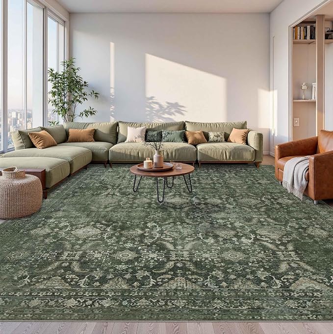 Rugxara Green 10x14 Area Rugs for Living Room Bedroom Large Washable Rug | Non Slip, Rug for Dining Room Office Farmhouse, Stain Resistant, Soft, Low Pile, Vintage Boho Retro Carpet, Home Decor