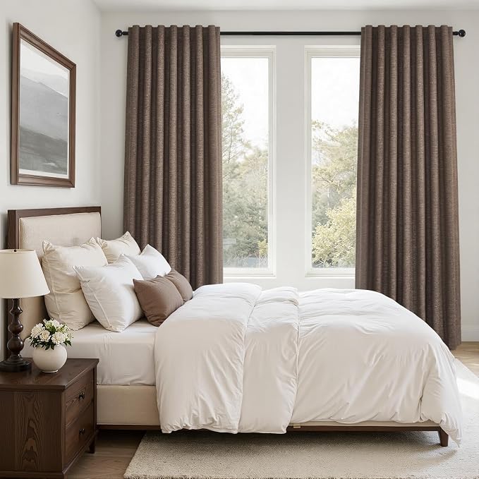 Dark Brown 95 inch Bedroom Living Room Curtains 2 Panels 100% Blackout Linen texture Curtain Drapes with Back Tab Rod Pocket Room darkening Thermal Insulated Curtains for Dining Sliding door 52x95