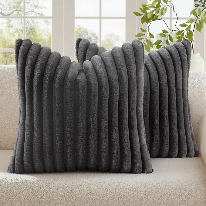 decorUhome Fall Faux Fur Throw Pillow Covers 20x20 Set of 2 Dark Grey | Decorative Soft Cozy Striped Plush Modern Farmhouse Boho Couch Pillow Cases Velvet Back for Sofa Bed Living Room Home Decor
