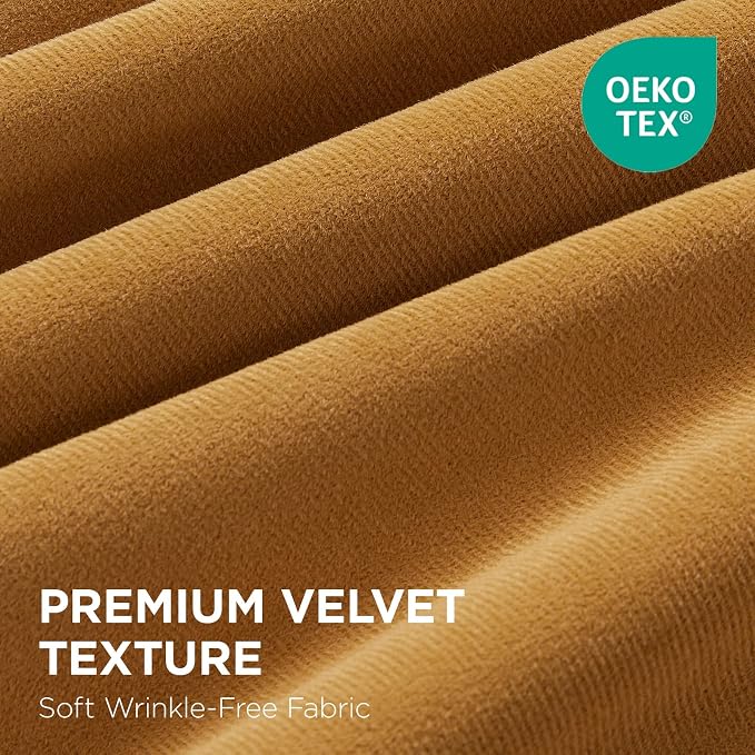 Joydeco 100% Blackout Velvet Curtains Mustard Yellow 90 Inch Back Tab | Luxury Thermal Insulated Velvet Curtains for Bedroom Living Room, Soundproof Blackout Window Drapes