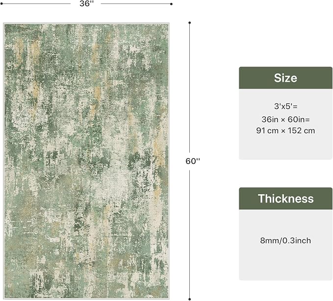 GENIMO 3x5 Rug for Entryway Washable Area Rug, Modern Abstract Small Throw Rugs for Entrance Living Room, Bedroom Beside Non-Slip Low Pile Lightweight Soft Carpet, Light Green