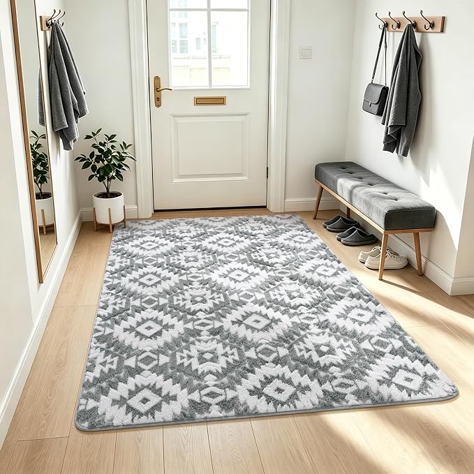 Macgace Soft Area Rug for Girls Bedroom, 3x5 Grey and White Shag Rugs | Washable Non-Slip Backing Medium Pile Modren Geometric Fuzzy Carpet for Kids Room, Classroom, Living Room, Dorm