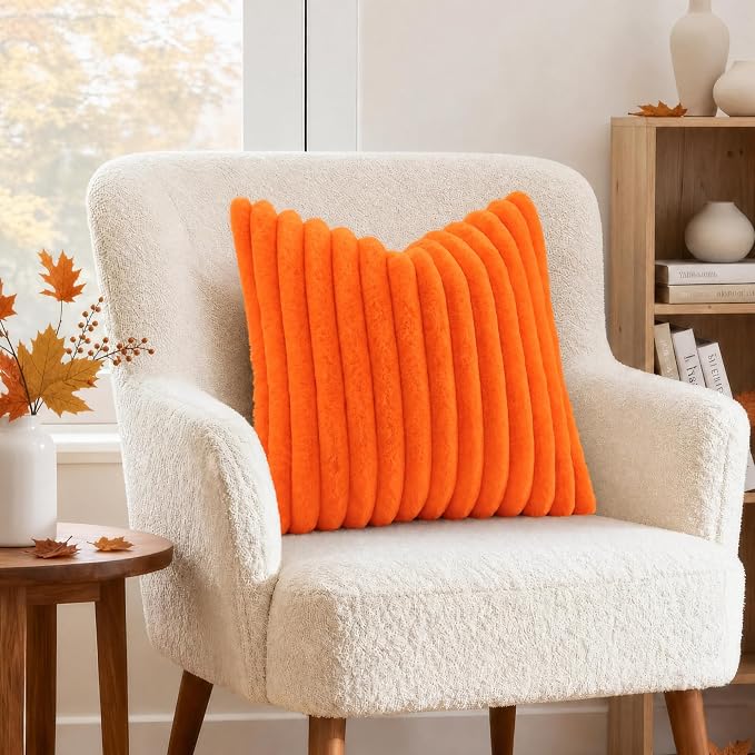 decorUhome Fall Faux Fur Throw Pillow Covers 22x22 Set of 2 Orange | Decorative Soft Cozy Striped Plush Modern Farmhouse Boho Couch Pillow Cases Velvet Back for Sofa Bed Living Room Home Decor