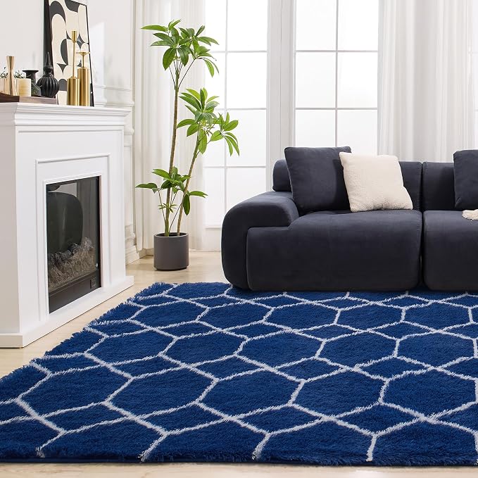 Fluffy Rug for Bedroom, Soft 5x7 Blue Shag Plush Geometric Area Rugs | Modern Blue and White Rug, Non Slip Carpet for Living Room, Aesthetic Home Decor, Fuzzy Floor Mat for Nursery Teen Dorm