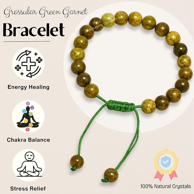 Amazing Gemstone Grossular Garnet Green Bracelet, Gifts for Men & Women - Protection Healing Crystal Bracelet - 8mm Gemstone Beaded Adjustable Bracelet, Pulseras para Hombres Mujer Stocking Stuffers