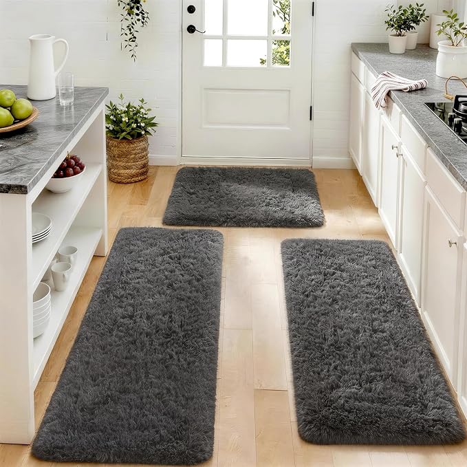 Ophanie Small Rug Washable Non Slip Throw Bedside Area Rugs, Fluffy Soft Mini Bedroom Carpet, 1.5x2.5，1.5x4 and 1.5x5 Rug Set, 3 Piece Grey with Over 99 pcs Pile fibers