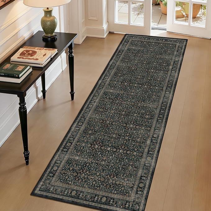 Dark Teal 2x6 Rug Runners for Hallways Non Slip, Washable Runner for Kitchen Floor 6ft, Vintage Moroccan Floral Trellis Carpet Runners for Bathroom/Bedroom Bedside/Entryway/Laundry Room