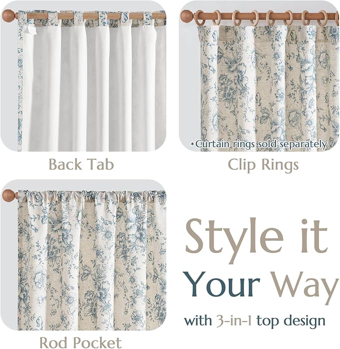 jinchan Blue Floral Linen Curtains Lined 63 Inch Vintage Back Tab 2 Panels | Privacy lining, light filtering drapes, vintage, cottagecore, french country, rustic, bedroom, living room, window treatment