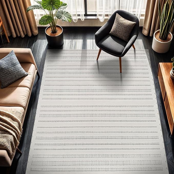CAMILSON Modern Rug 5x7 Luxury Striped Line Micro Loop Area Rugs Soft High-Low Pile Stain Resistant Easy to Clean Non-Shedding Durable Living Room Bedroom Indoor Carpet (White)