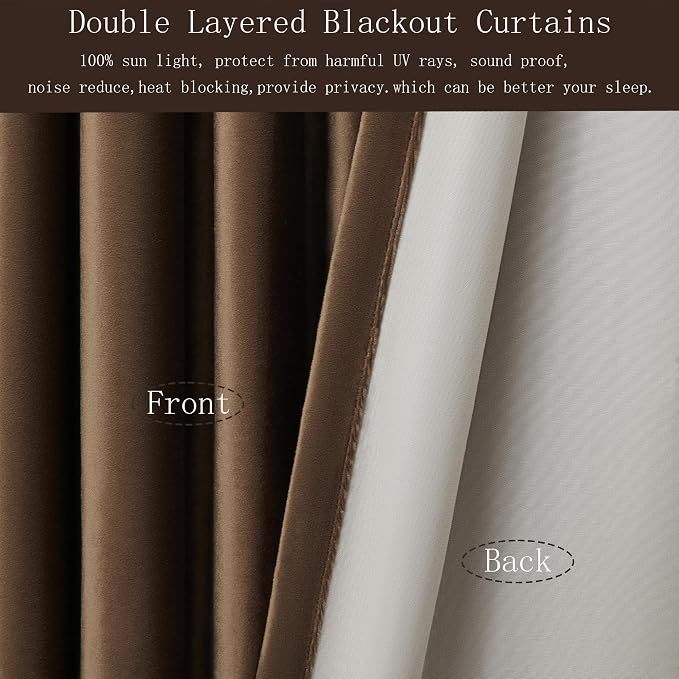 PRIMROSE 100% Full Blackout Brown Velvet Curtains 63 inch Long for Living Room,Set of 2 Liner Rod Pocket Back Tab Thermal Window Curtains Room Darkening Heavy Decorative Curtains Drapes for Bedroom