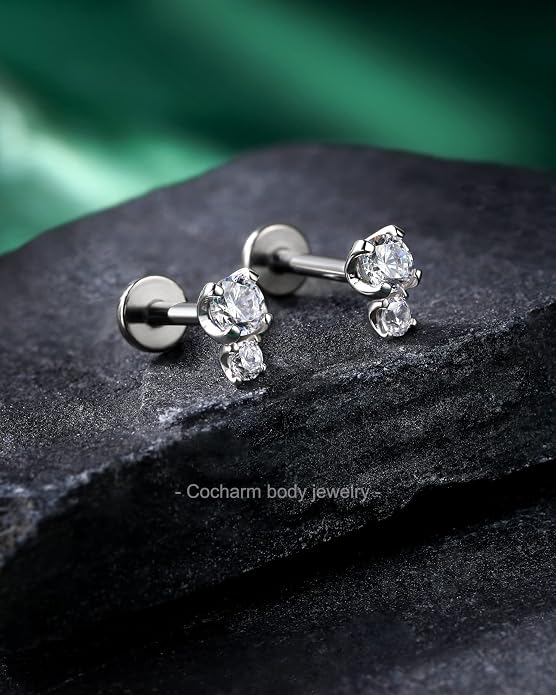 Cocharm 14K Gold Cartilage Earring 16g Real Gold Flat Back Helix Piercing Jewelry Push Pin Tragus Conch Stud for Women Men