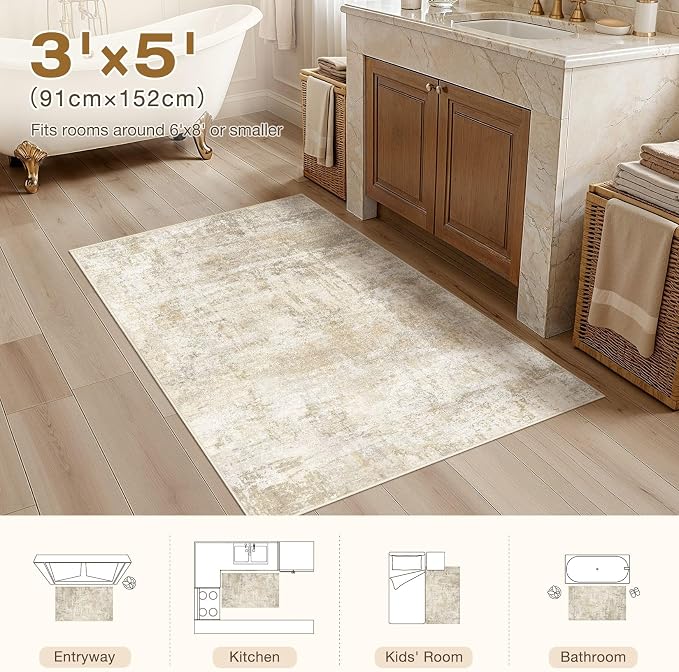 cotiled 3x5 Washable Rug Abstract Soft Non Slip Entryway Rugs | Stain Resistant, Robot Vacuum & Pet Friendly, Low-pile, For Living Room, Bedroom, Dining Table, Nursery Beige