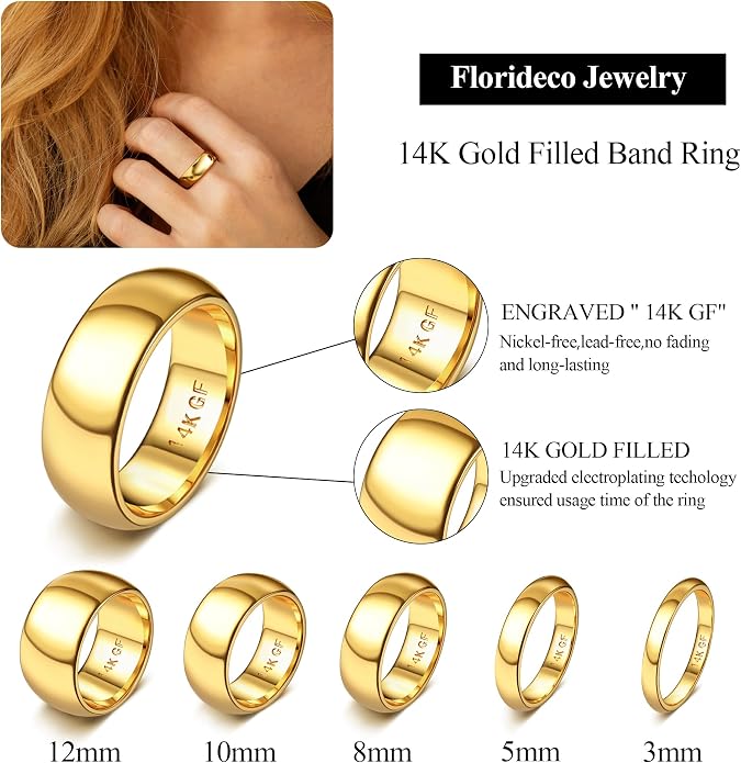 Florideco 14K Gold Filled Ring for Women Men Thick Thin Pinky Thumb Ring Wedding Band Ring Non Tarnish Plain Domed Comfort Fit Size 6 to 10
