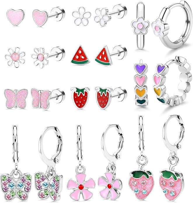 YADOCA 11 Pairs Hypoallergenic Earrings for Girls Women Surgical Steel Flat Back Stud Earrings Dangle Huggie Hoop Cute Heart Butterfly Flower Strawberry Screwback Earring Set Toddler Jewelry Gift