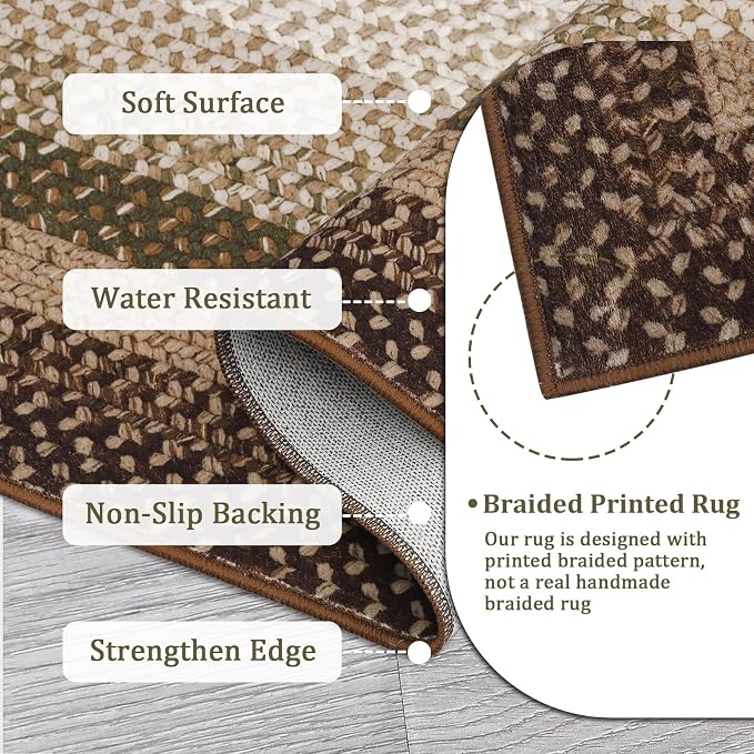 RUGSREAL 9x12 Braided Rug Washable Living Room Rug Modern Braid Printed Large Bedroom Area Rug Non Slip Dining Room Rug with Rubber Backing Farmhouse Accent Carpet for Home Decor Office, Moss/Brown