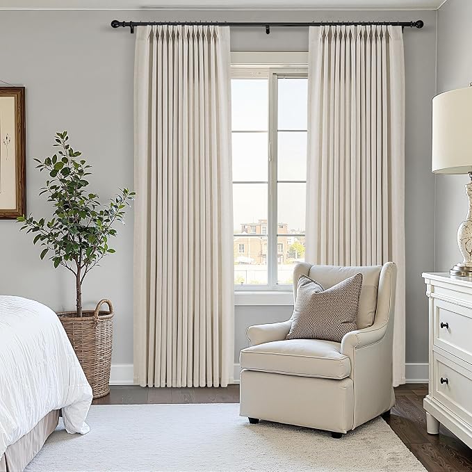 Vanilla Pinch Pleated Linen Curtains 84 Inches Long for Living Room Bedroom Pinch Pleat Drapes Rings Hooks Back Tab Light Filtering Boho Farmhouse Semi Sheer 84 Inch Curtain for Dining Room 40x84