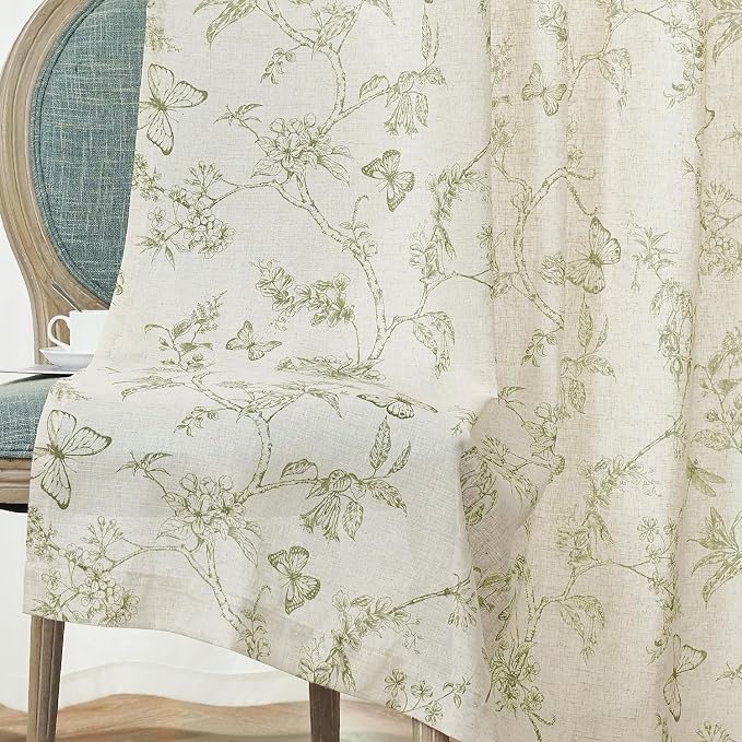 Lazzzy Charlotte Linen Green Floral Curtains 90 Inch Length Farmhouse Curtain Back Tab Drapes for Living Room Bedroom Light Filtering Vintage Rod Pocket Curtains, 2 Panels, Green on Beige