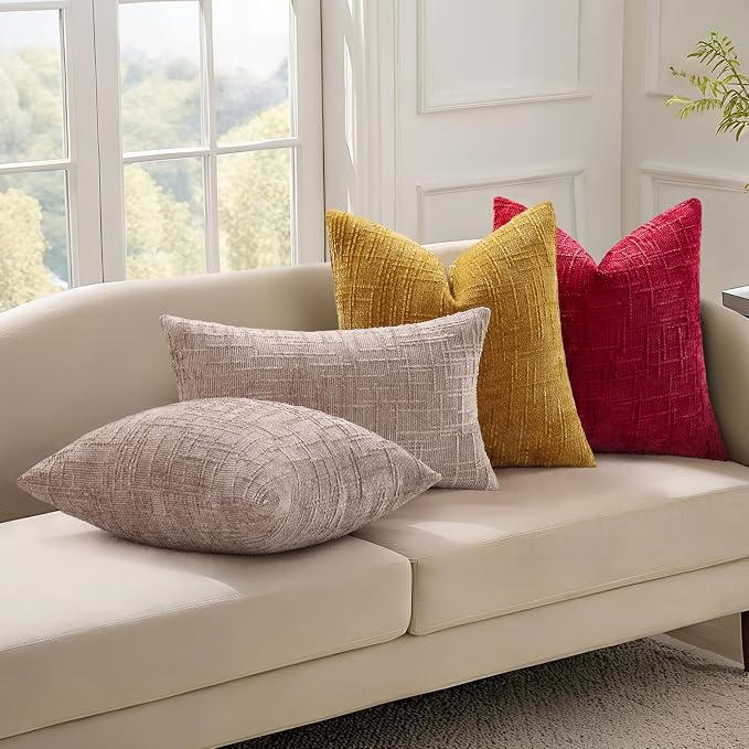decorUhome Textured Chenille Throw Pillow Covers 12x20 Set of 2 Red | Fall Modern Farmhouse Soft Cozy Slubby Couch Pillow Cases Boho Decorative Pillow Cases for Bed Sofa Living Room Home Decor