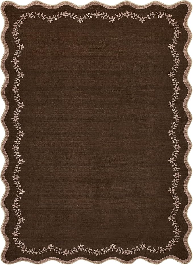 GarveeHome 3x5 Scalloped Washable Area Rug Non Slip Bedroom Entryway Rug | Soft Brown Kitchen Rug Low Pile Carpet Stain Resistant Throw Rug for Bedside Kids Room Office Dining Room