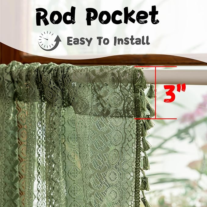 Sutuo Home Olive Green Boho Lace Curtains 2 Panels 45 Inch Long,Semi Sheer Small Window Curtains Drape for Kitchen Cafe Crochet Vintage Chic Tassels Bohemian Privacy Rustic Geometry Rod Pocket, 50" W