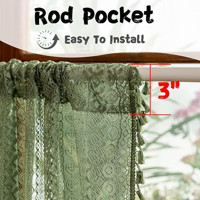 Sutuo Home Olive Green Boho Window Curtains Valance 18 inches Long 2 Panels, Farmhouse Lace Sheer Closet Decor Crochet Privacy Vintage Bohemian Tassels Retro Small Kitchen Curtains Rod Pocket, 50" W