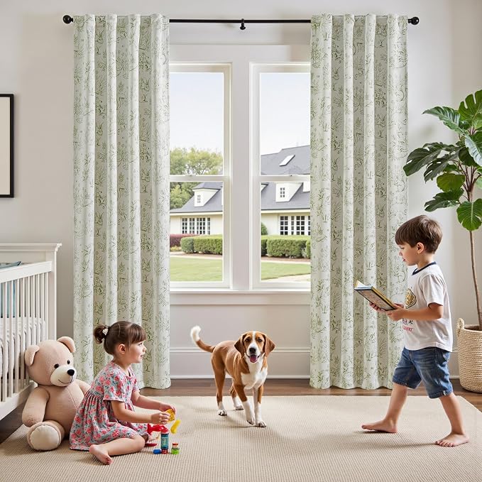 jinchan Green Blackout Curtains W38xL84 Whimsical Back Tab 2 Panels | Room darkening,nursery kids bedroom,privacy,whimsical,cottagecore,bunny pattern,botanical,nature-inspired decor