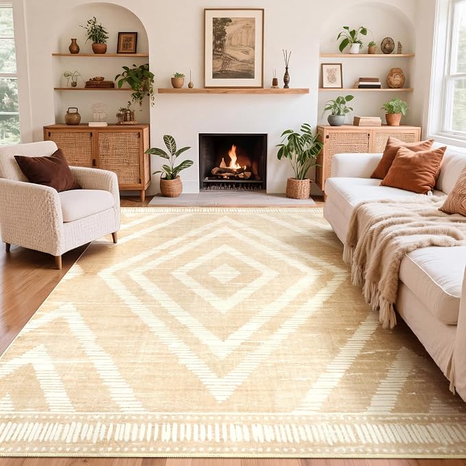 Boho Washable Area Rugs 6x9ft for Living Room, Beige Cream Thin Bedroom Rugs Non Slip, Modern Trellis Soft Kids Nusery Floor Carpets for Dining Room Playroom Home Office Decor
