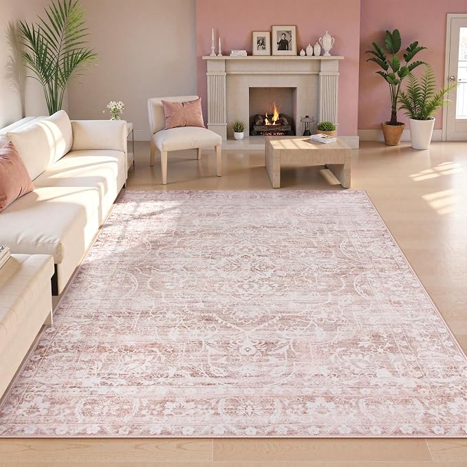 Lahome Pink Rugs for Bedroom Girls,Cute Nursery Rug Boho Area Rugs 5x7,Floral Living Room Rug Carpet Ultra-Thin Soft Washable, Kids Rugs for Playroom Baby Room Decor Dorm Aube (Light Pink, 5'X7')