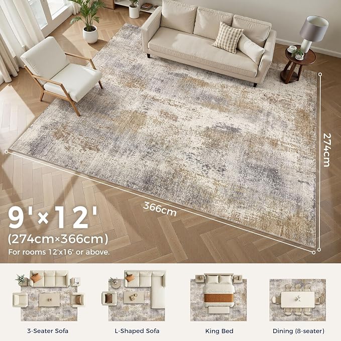 DMOYEST Area Rug Living Room Rugs - 9x12 Washable Large Soft Indoor Neutral Modern Abstract Low Pile Rug Carpet for Bedroom Dining Room Farmhouse Home Office - Brown Grey