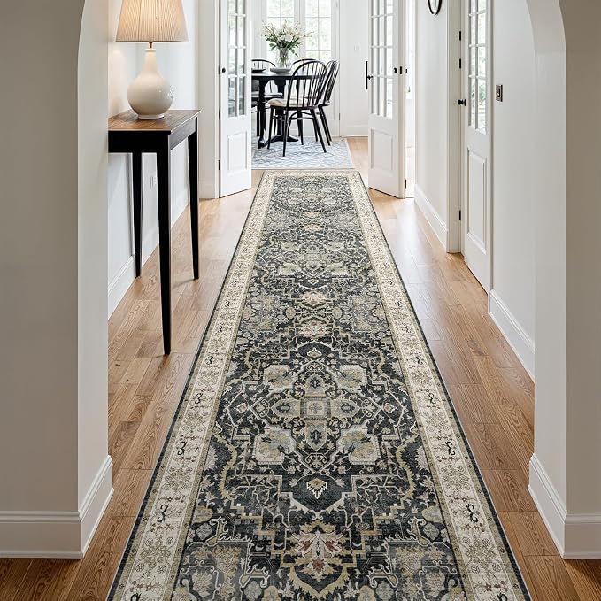 3x12 Runner Rug for Hallway, Non-Slip Long Washable Rug, Soft Thin Vintage Floor Mat for Kitchen, Bathroom, Bedroom, Entryway, Dining Room (Black, 3'x12')
