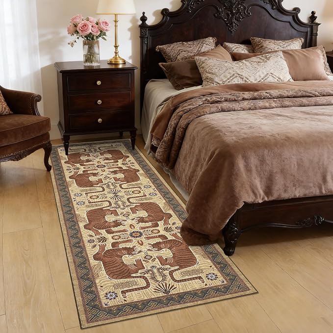 GarveeHome Tiger Print 2'6"x8' Washable Non Slip Runner Rugs for Hallways, Boho Camel Kitchen Runner Ultra Thin Soft Vintage Tribal Indoor Throw Floor Carpet for Entryway Bedroom Bathroom