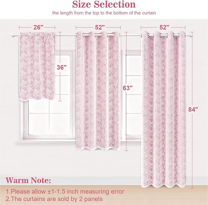 Yinhua Pink Blackout Curtains for Bedroom Double Layer Nursery Curtains for Living Room 63 Inch Length 2 Panels Set Kid Curtain with Floral Sheer Overlay, Grommet Drapes with Tiebacks, 52" W x 63" L