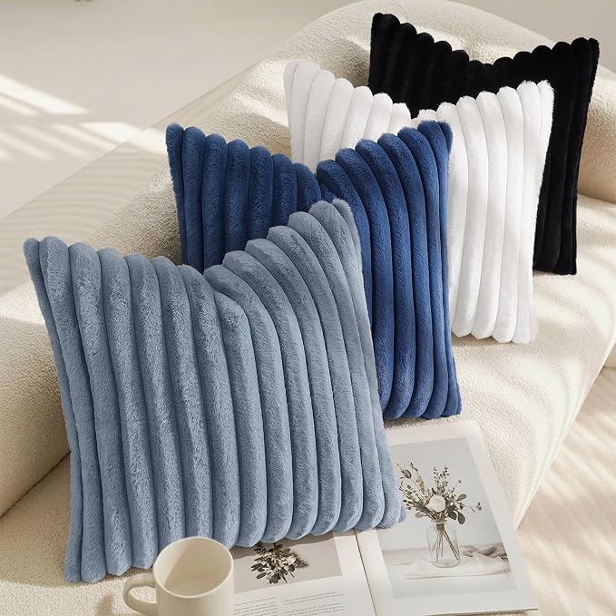 decorUhome Fall Faux Fur Throw Pillow Covers 16x16 Set of 2 Grey Blue | Decorative Soft Cozy Striped Plush Modern Farmhouse Boho Couch Pillow Cases Velvet Back for Sofa Bed Living Room Home Decor