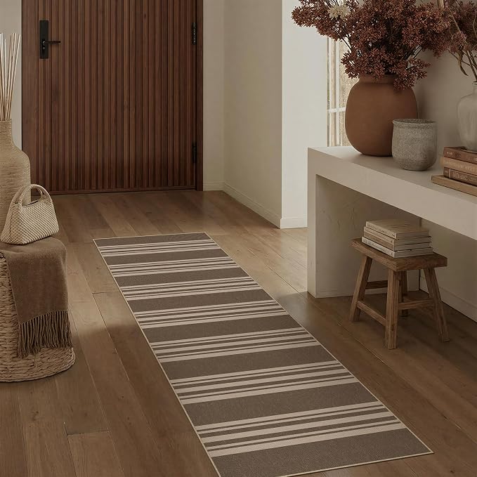 PureCozy Washable Kitchen Runner Rug 2x6 Striped Jute Look Non Slip | Brown Stripe Farmhouse Design, Indoor Outdoor Hallway Runner for Entryway, Laundry Room and Kitchen, Non Shedding, Easy Care