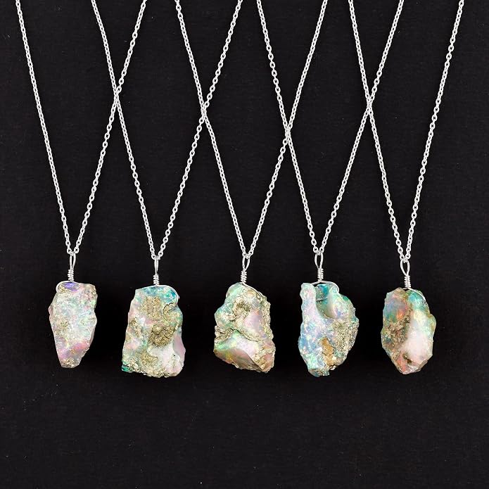 Raw Ethiopian Fir Opal Pendant Necklace for Women, Dainty Pendant, Handmade October Birthstone, Hypoallergenic Spiritual Healing Stone 925 Sterling Silver Chain 20" Birthday Gifts
