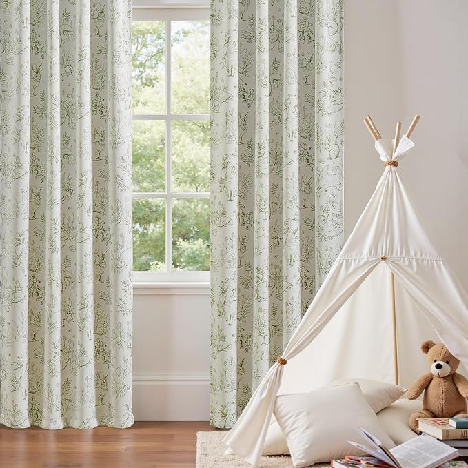 jinchan Green Blackout Curtains W38xL84 Whimsical Back Tab 2 Panels | Room darkening,nursery kids bedroom,privacy,whimsical,cottagecore,bunny pattern,botanical,nature-inspired decor