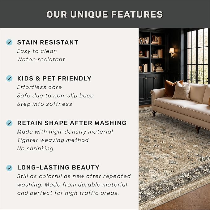 Earthy Tone Washable Long Runners for Hallways, 3x8 Taupe Kitchen Runner Rug, Bohemian Traditional Entryway Indoor Rug, Distressed Floral Geometric Design, Non-Slip Stain & Fade Resistant