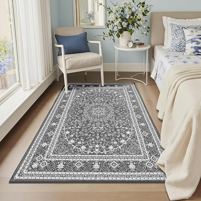 Lessymo 4 x 6 Area Rugs for Living Room- Machine Washable Area Rugs Boho Faux Wool Low Pile Area Rug for Bedroom Floral Medallion Vintage Rugs with Non-Slip Rubber, Grey White