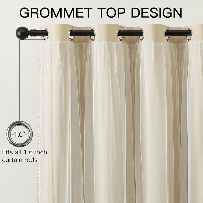 XiDi Beige Blackout Curtains with Sheer Overlay for Bedroom 2 Panels 63 Inches Long Double Layer Curtains with Lace Hem for Kids Girls Room Decor Thermal Insulated Grommet Short Window Drapes W52XL63