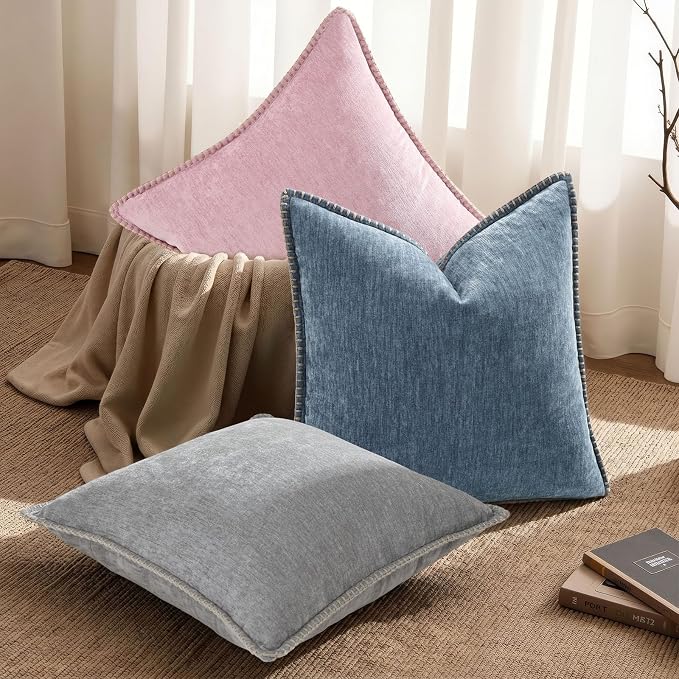 decorUhome Soft Chenille Throw Pillow Covers 18x18 Set of 2 Haze Blue | Fall Textured Decorative Throw Pillow Cases Stitched Edge Modern Farmhouse Luxury Boho Velvet for Couch Sofa Bed Home Decor