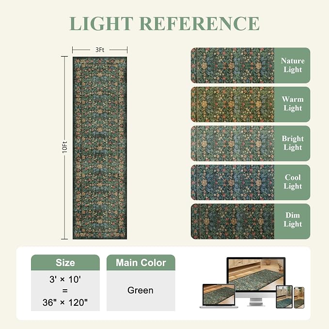 DUKINO 2x8 Runner Rug, Washable Vintage Floral Kitchen Rug, Green | Non Slip, Low Pile, Non-Shedding, Stain Resistant Aesthetic Soft Carpet Runner for Hallway Bathroom Laundry Bedroom Entryway