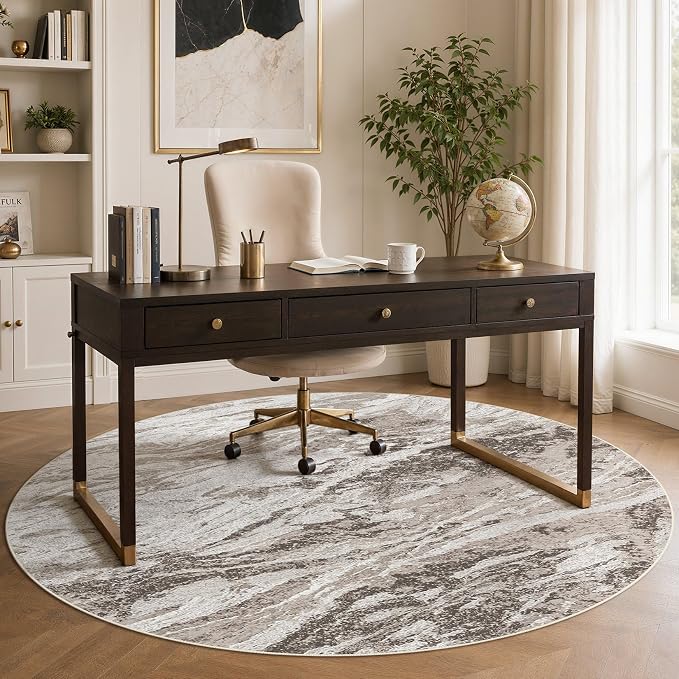 Area Rugs for Living Room: 6ft Round Abstract Washable Rug Modern Neutral Large Soft Stain Resistant Non-Slip for Bedroom Dining Room Indoor Home Office Carpet - Brown