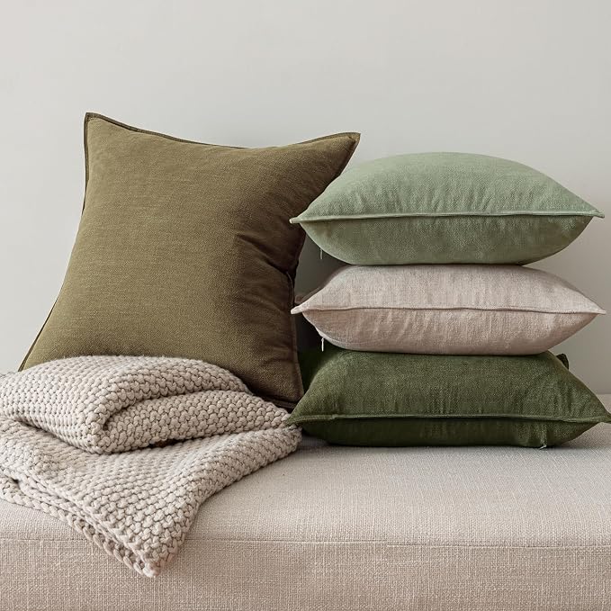 MIULEE Green and White Boho Linen Pillow Covers 20x20 Inch Pack of 4 | Natural Throw Pillow Covers Soft Farmhouse Couch Pillowcases Modern Decor for Living Room Bed Sofa