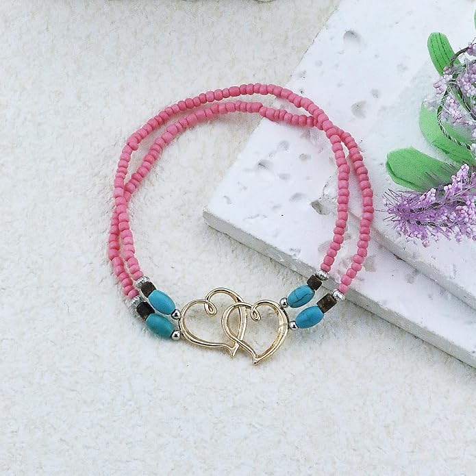 Elastic Beaded Ankle Bracelets for Women Double Heart Layered Stretch Ankle Bracelets Waterproof Dainty Boho Beaded Anklets for Summer Beach Foot Jewelry