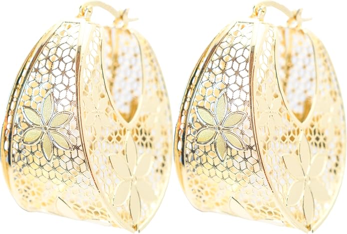 1.75" Inch Oval Flower Floral Lace Hollow Chunky Yellow Gold Filled Chunky Hoop Earrings, Hinge Post